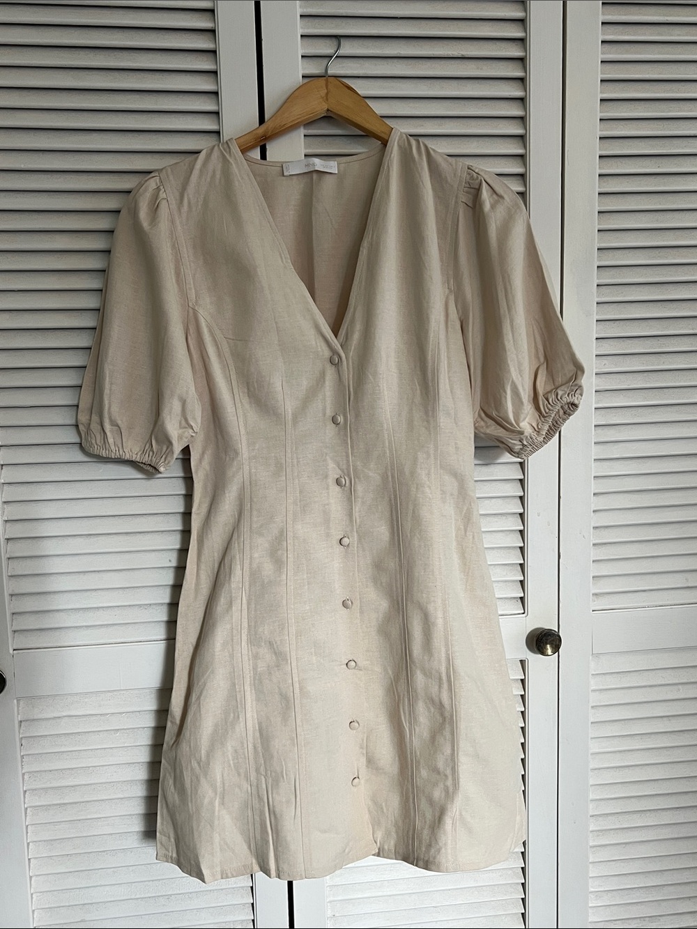 MNG Neutral Cream Button-Front Puff Sleeve Dress